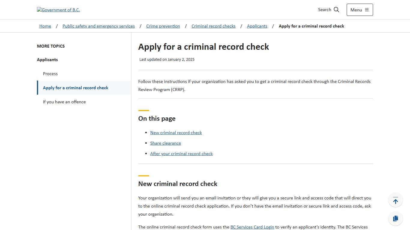 Apply for a criminal record check - Province of British Columbia